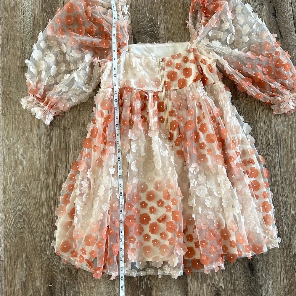 Vestiqúe Fairycore Romantic Sheer 3D Floral Babydoll Dress Puff Sleeves.​​